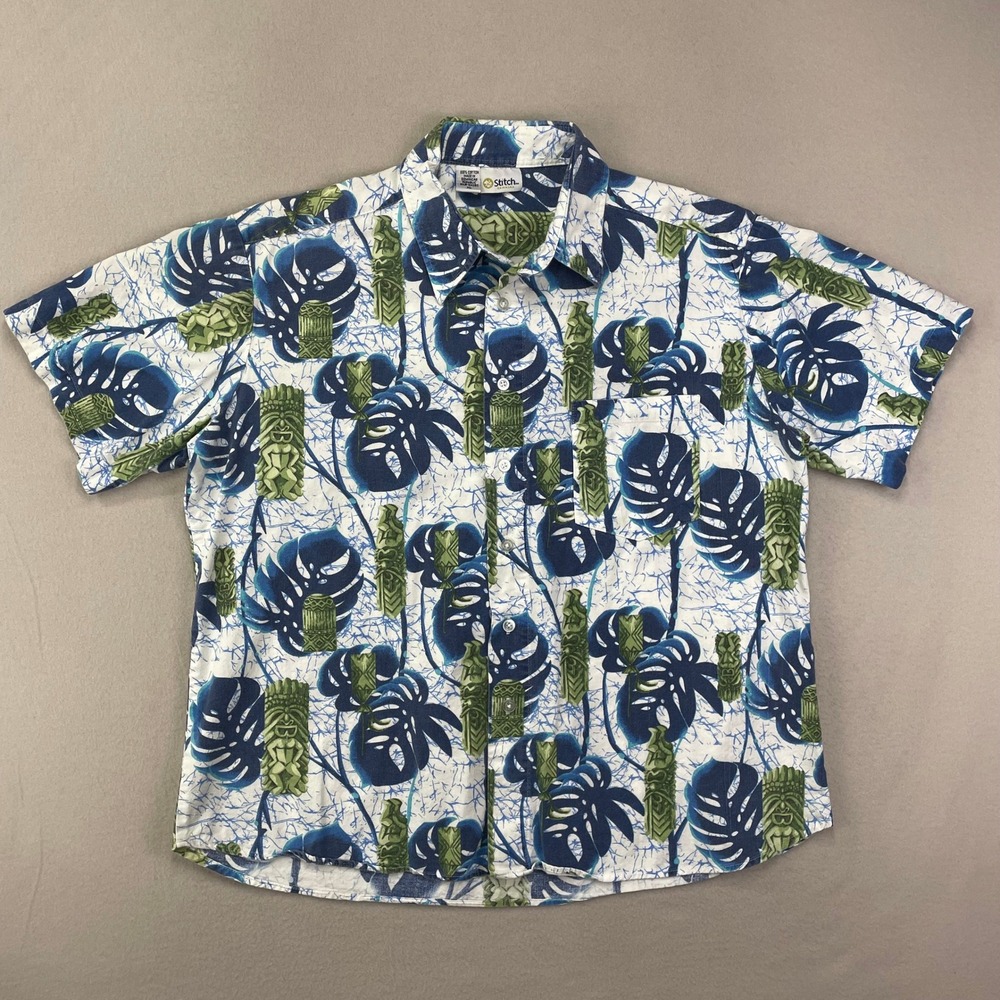 Stitch Hawaiian Shirt Mens XL Tiki Print Floral Tropical Camp Button Up Vacation